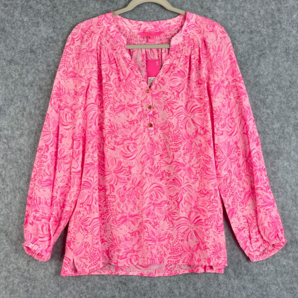 Lilly Pulitzer 100% Silk Elsa Top Womens Medium Pink Blossom Foxy Llama NWT